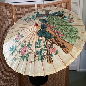 Vivid colors on Chinese rice paper bamboo parasol depicting a pair of peacocks